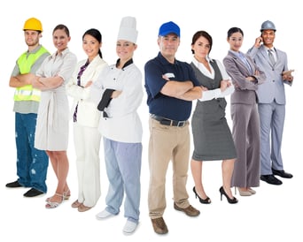 Different types of workers standing against white background